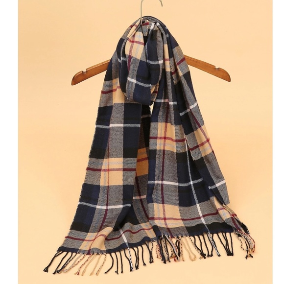 Rouge! Accessories - Colorblock Plaid Knit Wide Scarf Tassel Fringe Detail Tan Blue Black